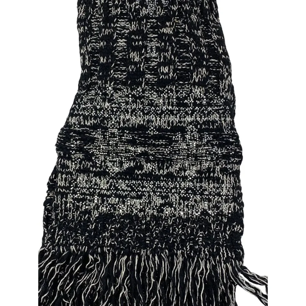 Chanel Scarf Rhinestone Details Wool Cashmere Silk Black White Silver CC Logo - Picture 6 of 6